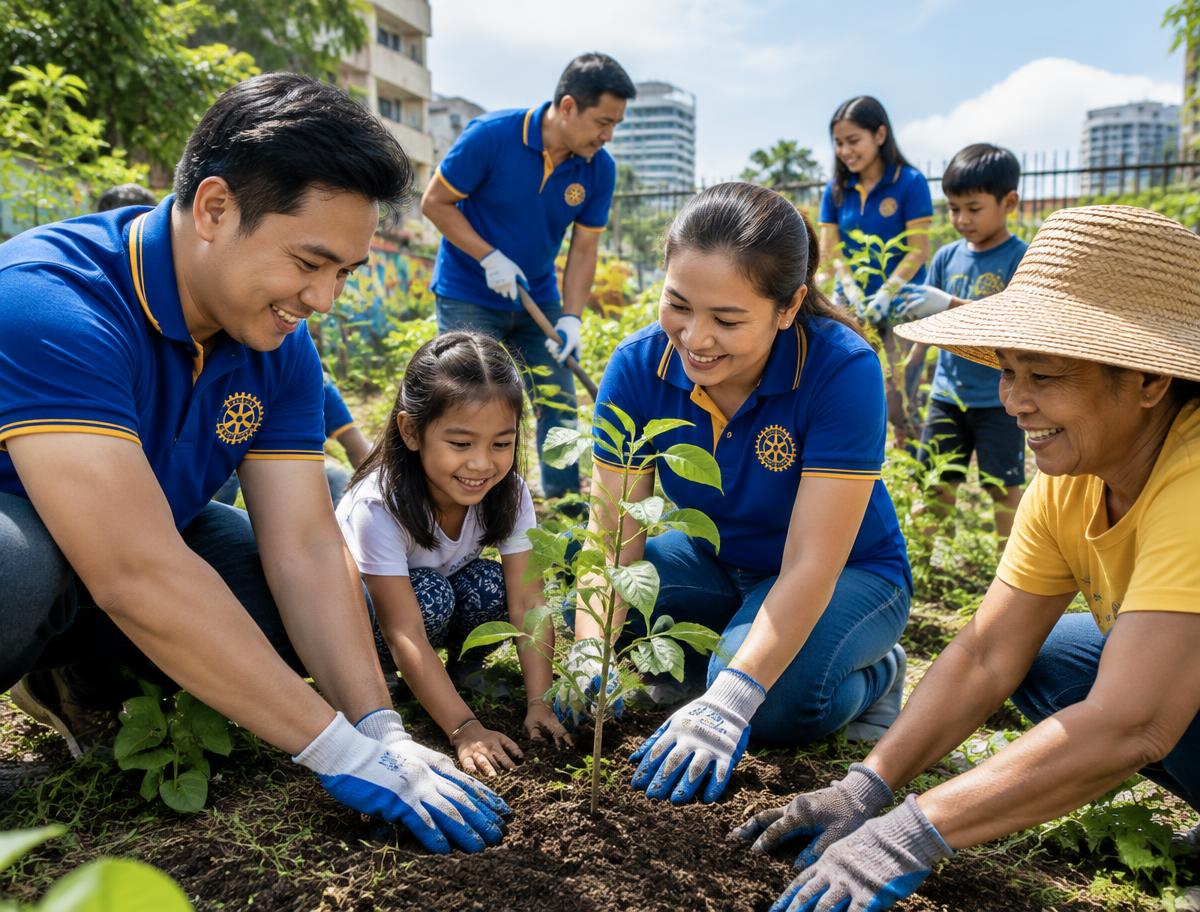 Rotary members planting trees with local families
